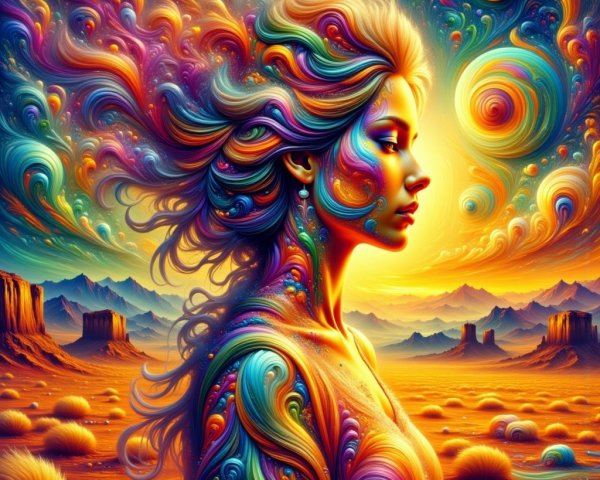 Surreal Landscape with Colorful Hair and Sunset