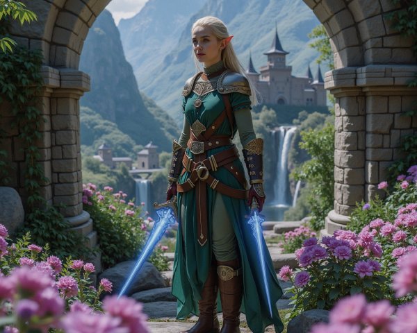 Elf Warrior Under Archway with Blooming Flowers