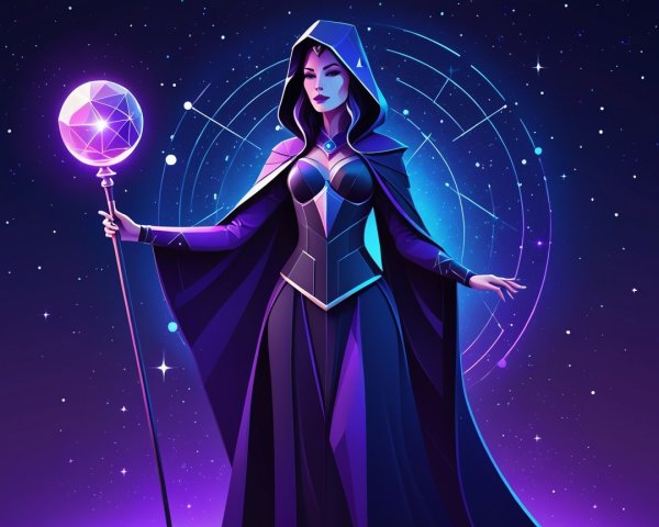 Mystical figure in dark cloak with glowing orb and stars