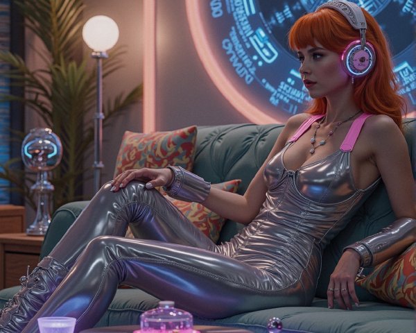 Futuristic Scene with Woman in Metallic Outfit and Headphones