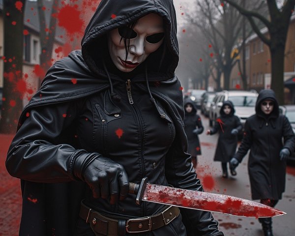 Mysterious Figure in Foggy Urban Setting with Knife