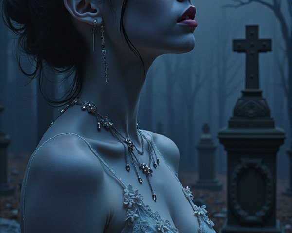 Young Woman in Misty Graveyard Under Moonlight
