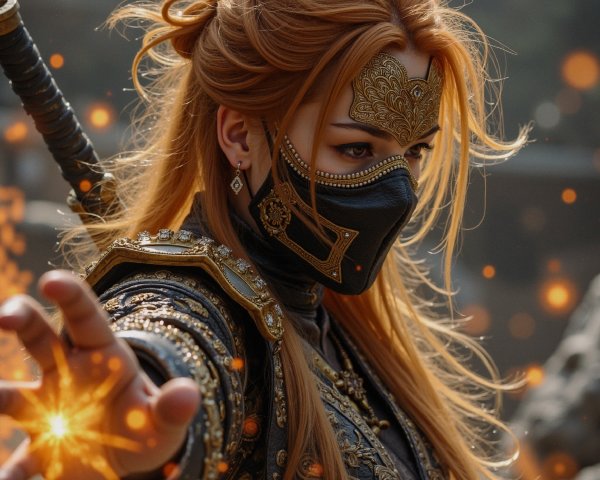 Fierce warrior in intricate armor with flowing hair