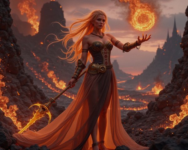 Sorceress in Volcanic Landscape with Flowing Hair