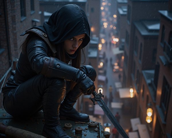 Stealthy Figure on Rooftop Overlooking Urban Alley