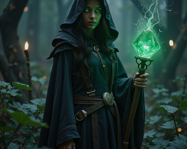 Young figure in hooded cloak with glowing crystal staff