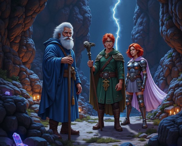 Adventurers in a Mystical Cave with Glowing Crystals