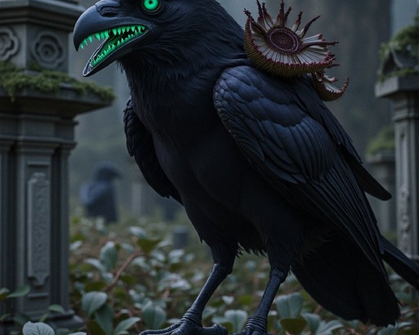 Black Raven on Mossy Tombstone in Misty Graveyard