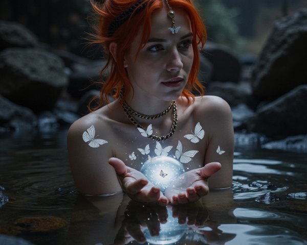 Woman with Red Hair in Tranquil Pool with Butterflies