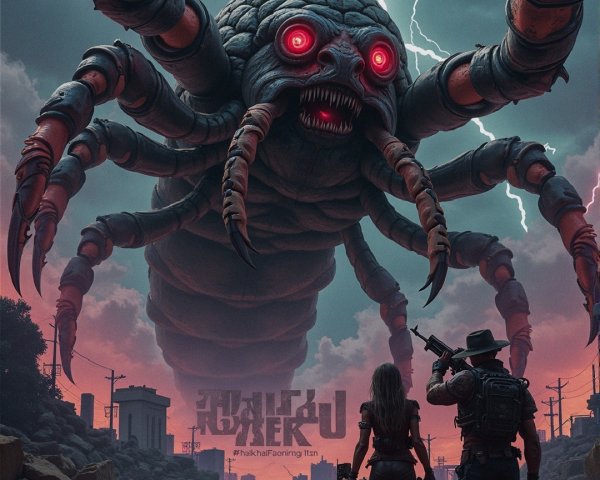 Colossal Mechanical Spider in Stormy Landscape Scene