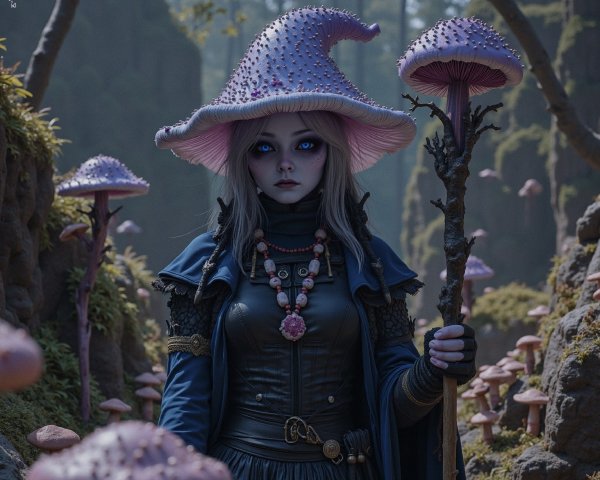 Young Sorceress in Enchanting Forest with Mushrooms