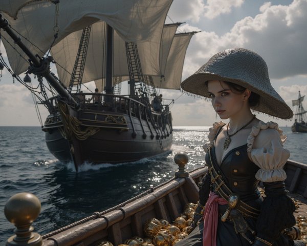 Young Woman in Pirate Outfit with Treasure at Sea
