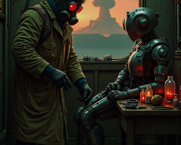 Gas Mask Figure and Robot in Dimly Lit Room