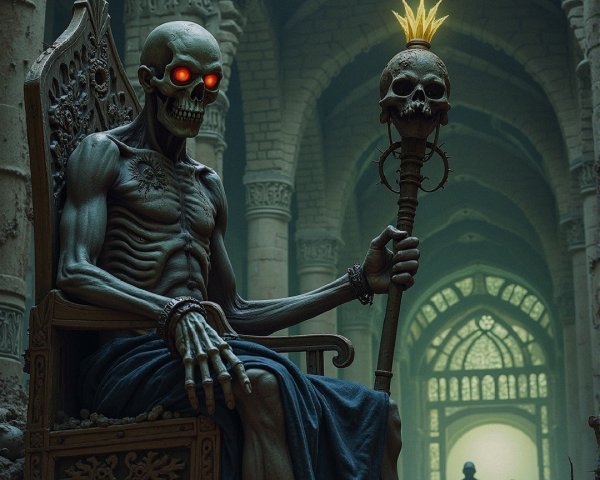 Skeletal Figure on Throne in Eerie Ancient Setting