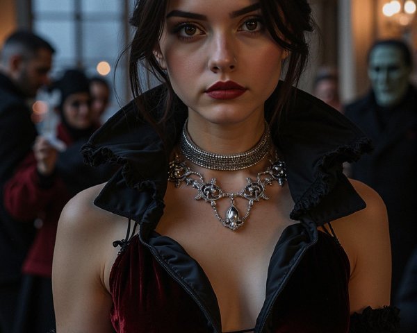 Young woman in elegant room with red velvet dress