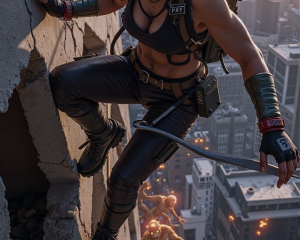 Figure in Black Gear Climbing a Crumbling Skyscraper