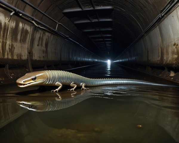 Salamander-like Creature in Dim Underground Tunnel