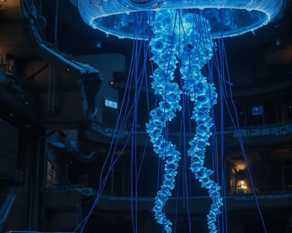Luminous jellyfish in futuristic, dimly lit setting