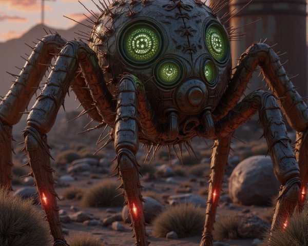 Futuristic spider-like creature in rugged terrain