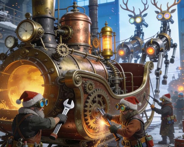 Elves Building a Steampunk Santa Sleigh with Tools