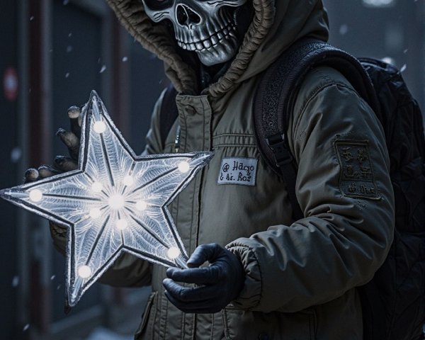 Child in snowy urban scene with skull face paint