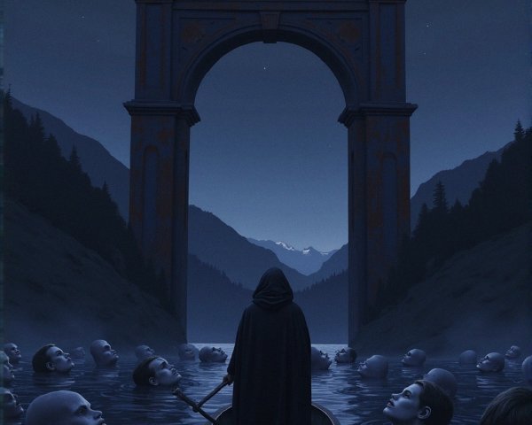 Hooded Figure in Boat on Twilight River Scene