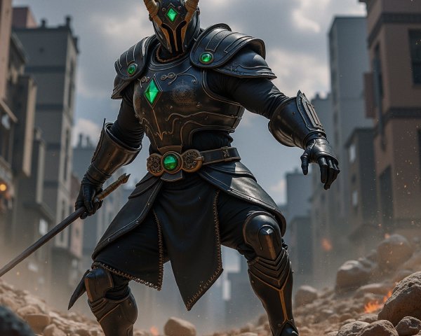 Warrior in Black Armor Amidst Urban Ruins