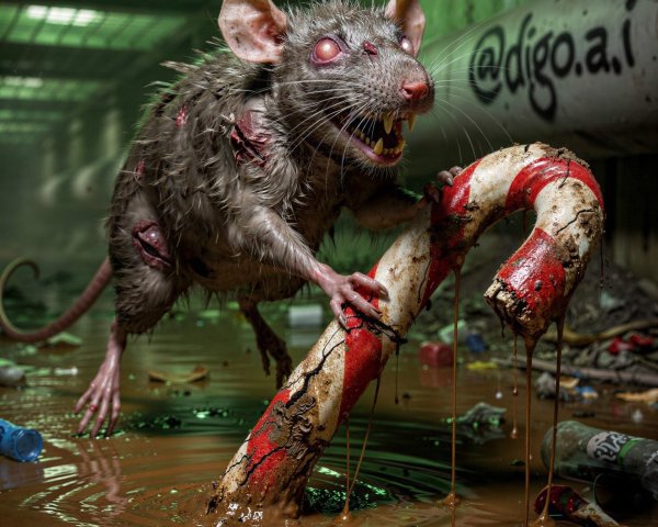 Zombie Rat with Candy Cane in Green-Lit Sewer Scene