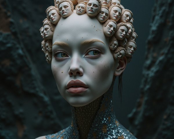 Surreal Hairstyle with Sculpted Faces and Textured Scales