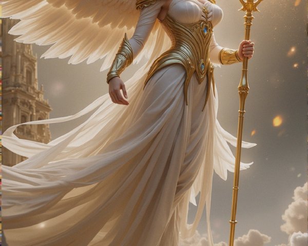 Celestial Figure in White Gown with Radiant Wings