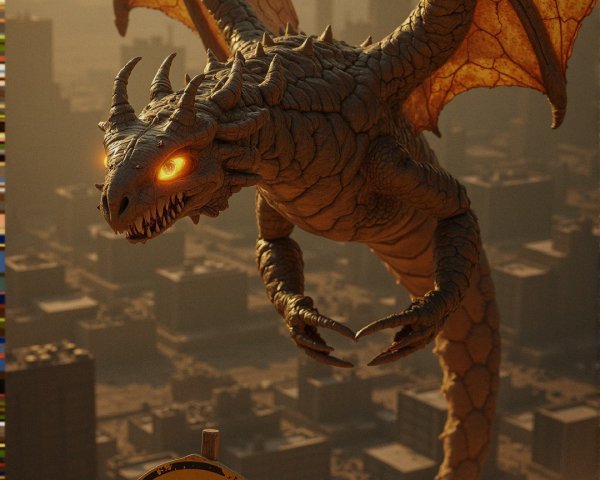 Dragon Over Cityscape with Caution Sign Below