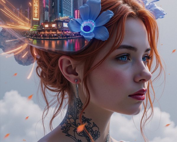 Young woman with red hair and cityscape backdrop