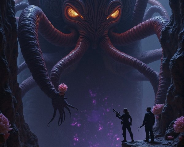 Colossal Octopus Creature in Dark Cavern with Figures