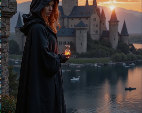 Mysterious Figure with Orb by Enchanting Castle at Sunset