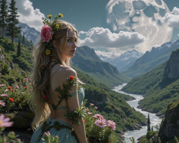 Serene figure in vibrant landscape under starry sky