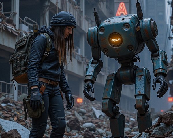 Dystopian Urban Scene with Woman and Vintage Robot