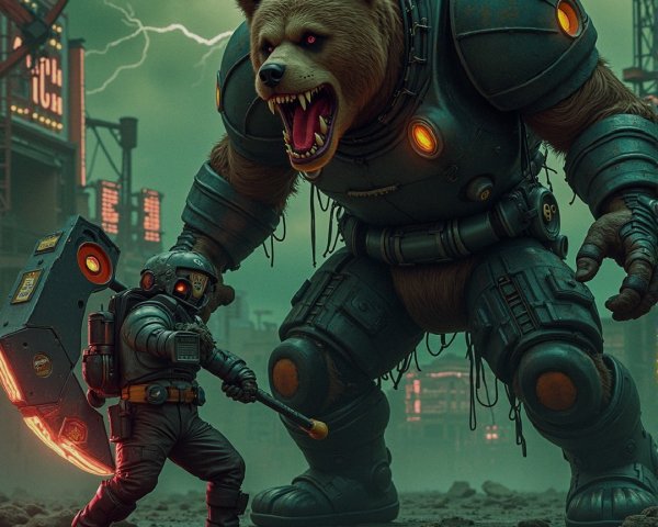 Futuristic Battle: Armored Bear vs. Space Suit Figure