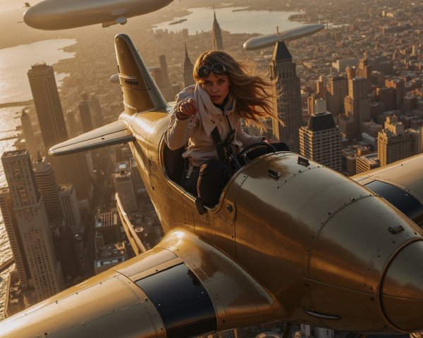 Vintage Airplane Pilot Over City Skyline at Sunset