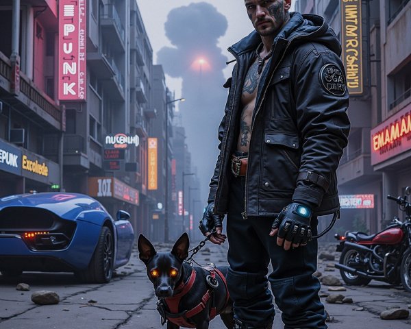 Dystopian Cityscape with Man and Glowing-Eyed Dog