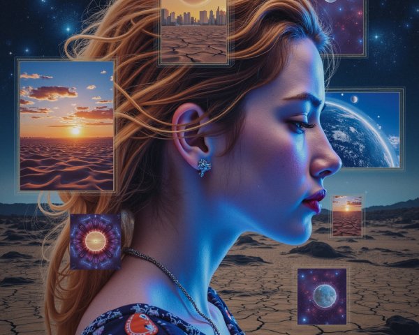 Young Woman Contemplating Cosmic Landscape and Images
