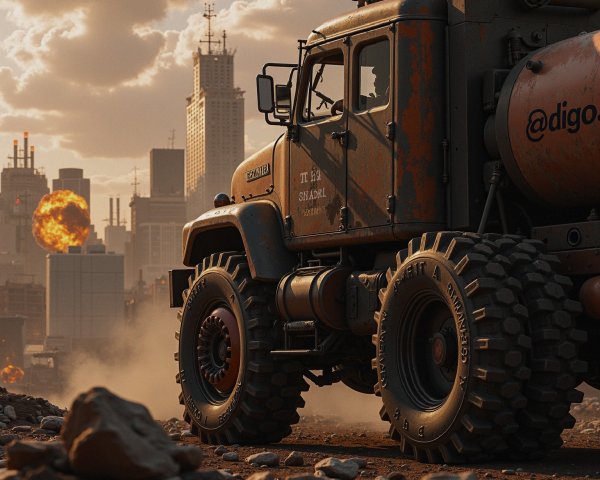 Military Truck with Tank Against Urban Skyline Explosions