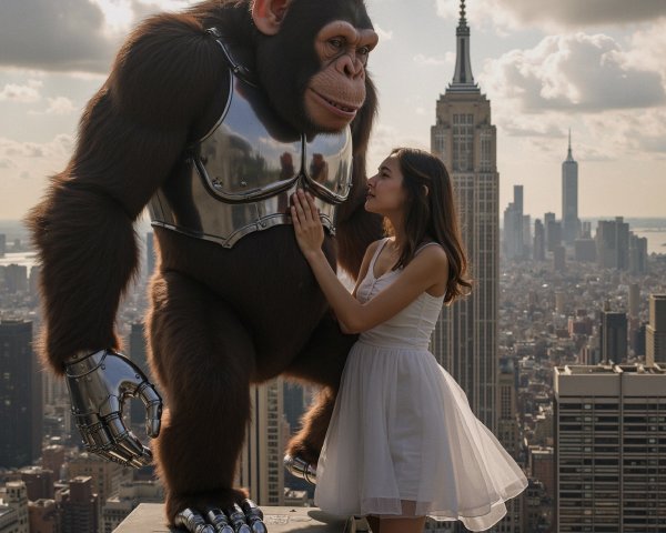 Futuristic Scene with Colossal Ape and Woman on Skyscraper