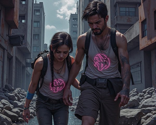 Couple in Post-Apocalyptic Urban Landscape with Ruins