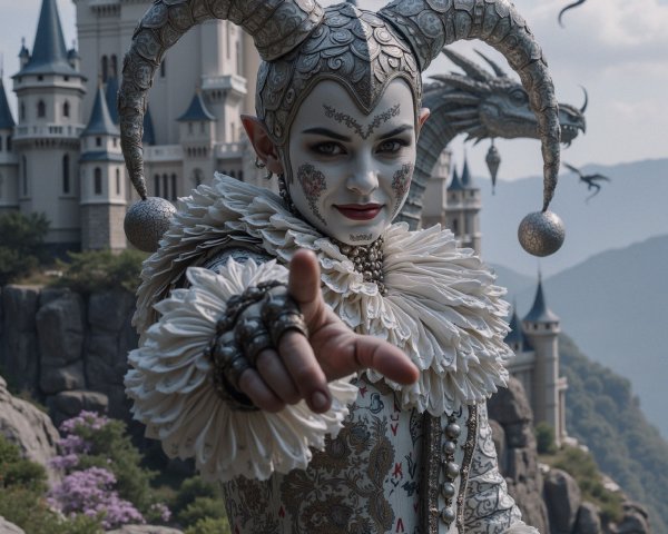 Jester in Dramatic Costume Before Grand Castle and Dragons