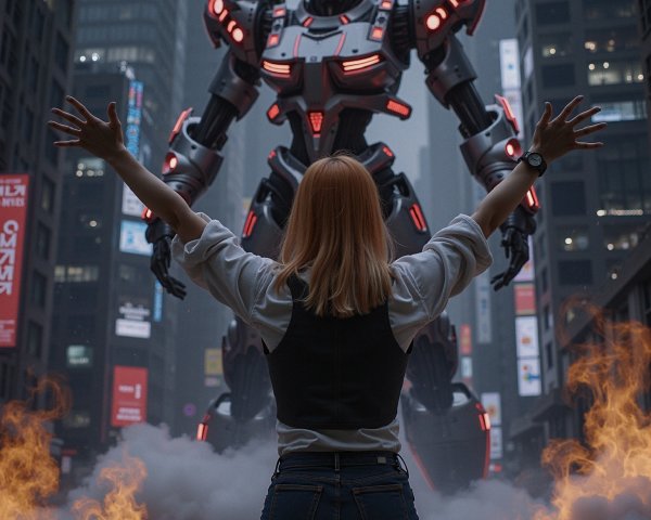 Woman Confronts Futuristic Robot in Urban Landscape