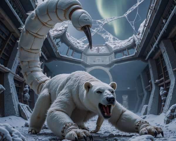 Surreal Creature in Snowy Landscape with Auroras