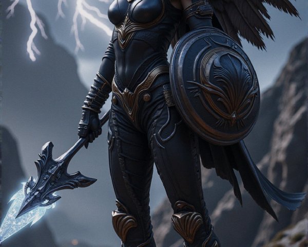 Warrior in Dark Armor with Sword and Wings Amid Storm