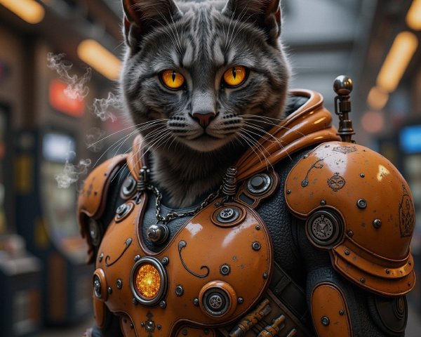 Futuristic Cybernetic Cat in Industrial Setting