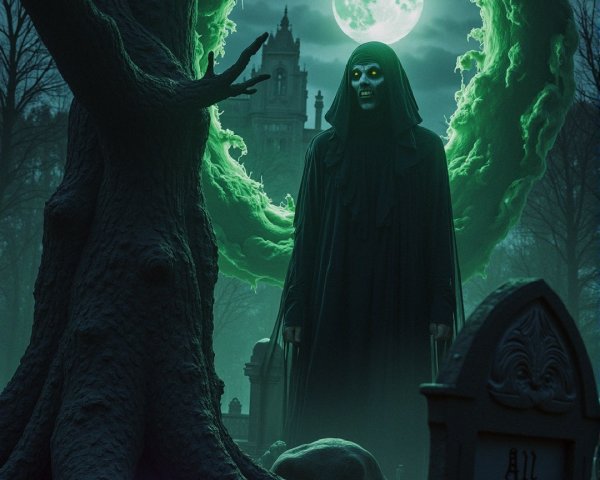 Ghostly Figure in Haunted Graveyard with Portal Glow