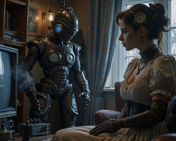 Vintage Elegance Meets Steampunk Robotics in Cozy Room